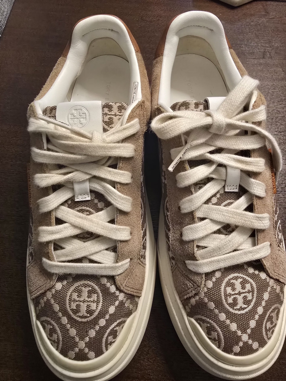 Tory Burch Men's Monogram Canvas & Suede Sneakers in Cream and Brown